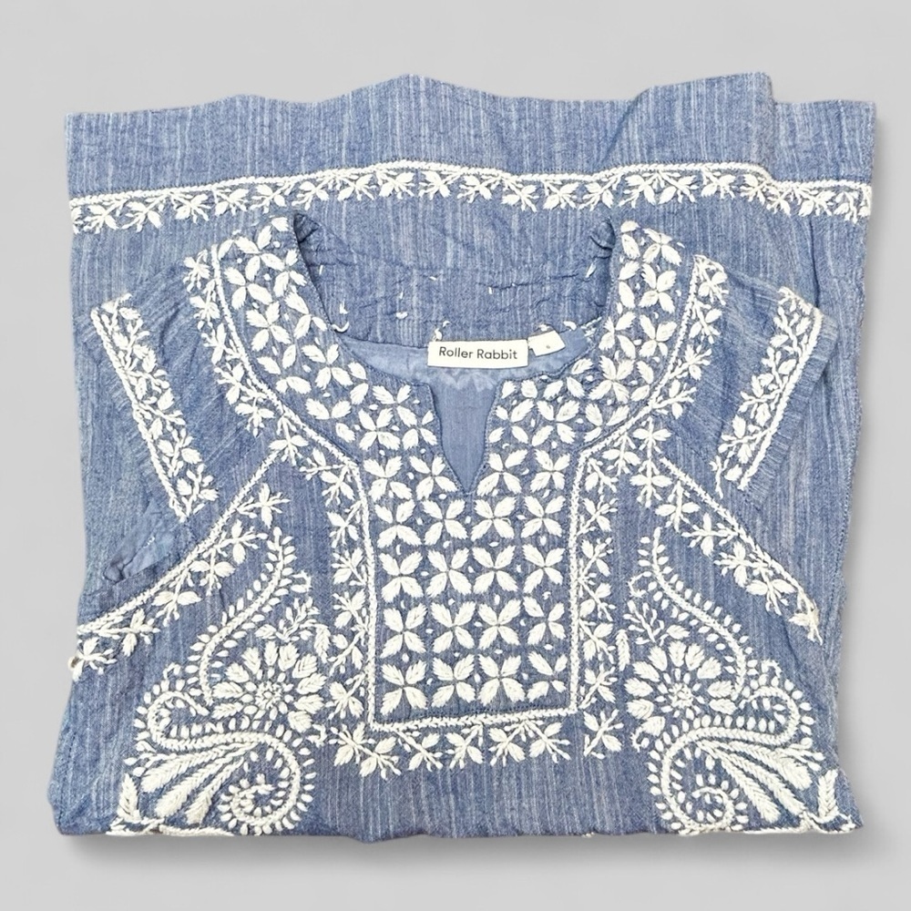 Roller Rabbit Blue Chambray Embroidered Bohemian Cotton Top Size 6 - Picture 7 of 9